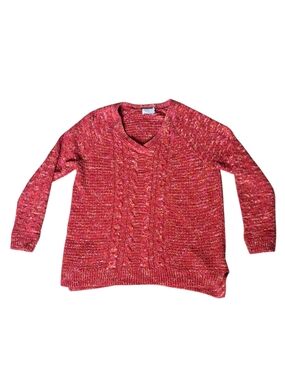 Time and Tru Women's Cable Knit V-Neck Sweater Red Marled Size Medium